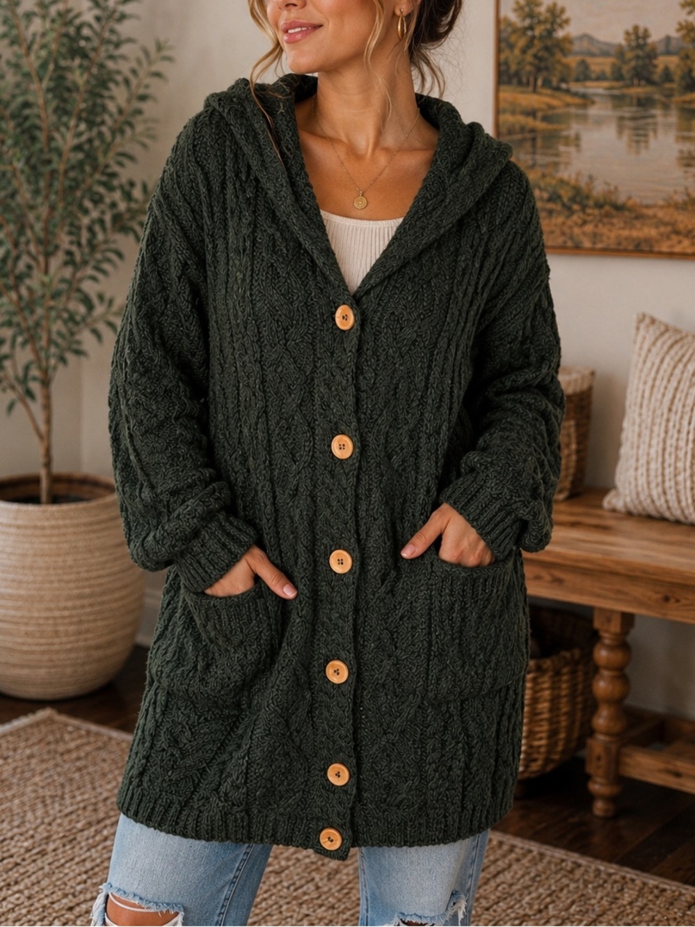 Aran Sweater Market Sz XS Green Cable Knit 100% Merino Wool Hoodie Long Cardigan